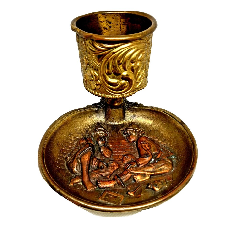 Vintage Children Coughing Smoking  Pipe Brass Metal Ashtray w/ Match Holder 1960